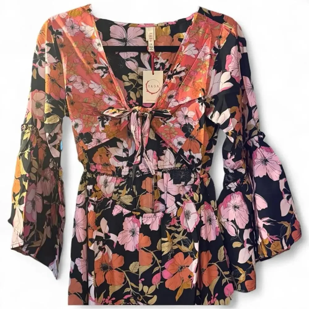 NEW RAGA Vera Floral Boho High Low Flowy Maxi Dress Tie Front Cottagecore Size S - Picture 6 of 9